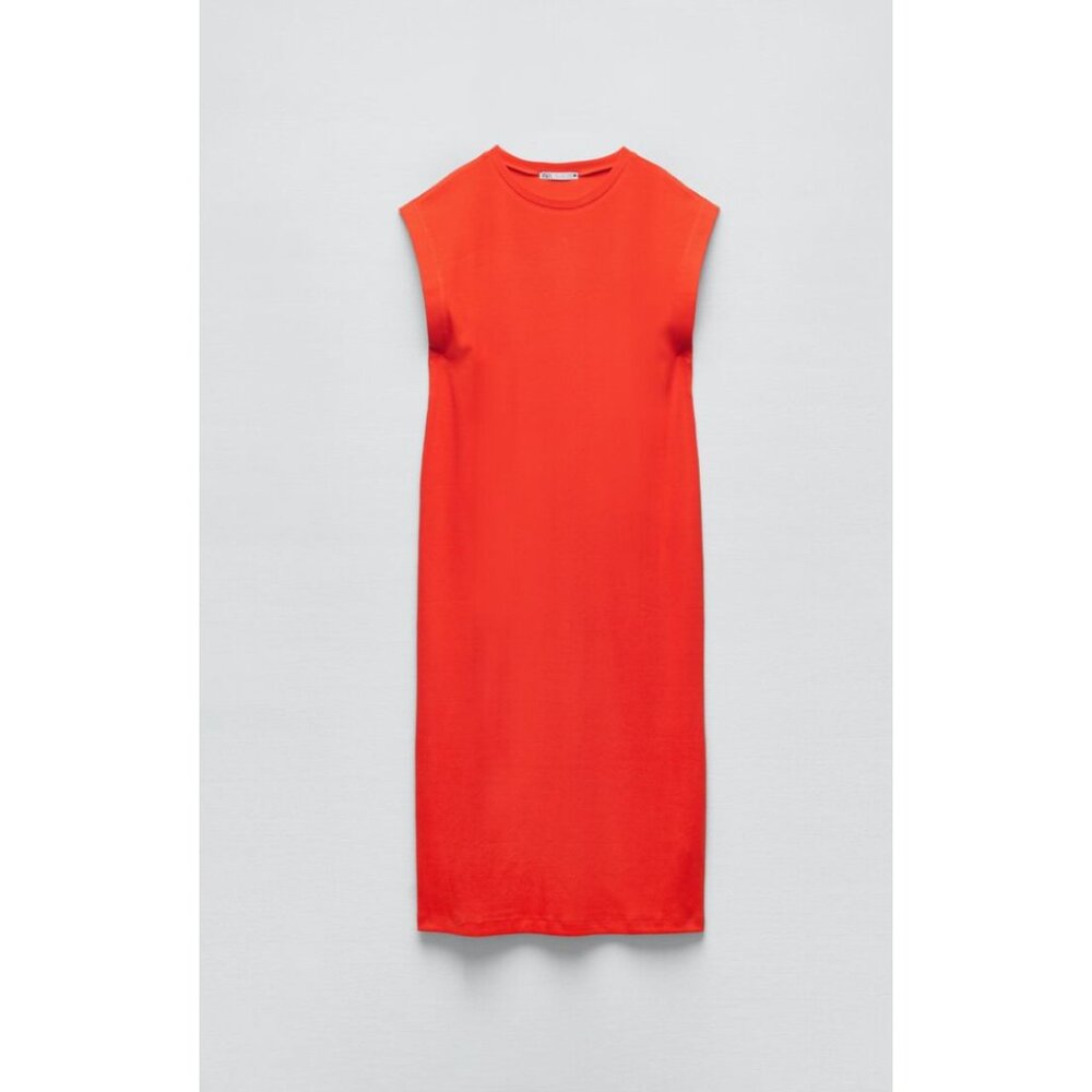 Zara Ribbed Midi Dress in Coral